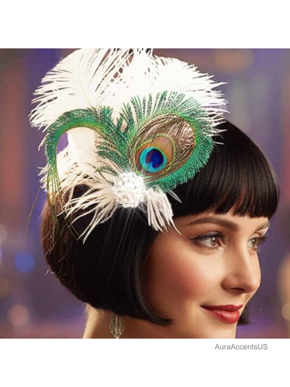1920s Peacock Feather Hair Clip Fascinator with Pearls Rhinestones